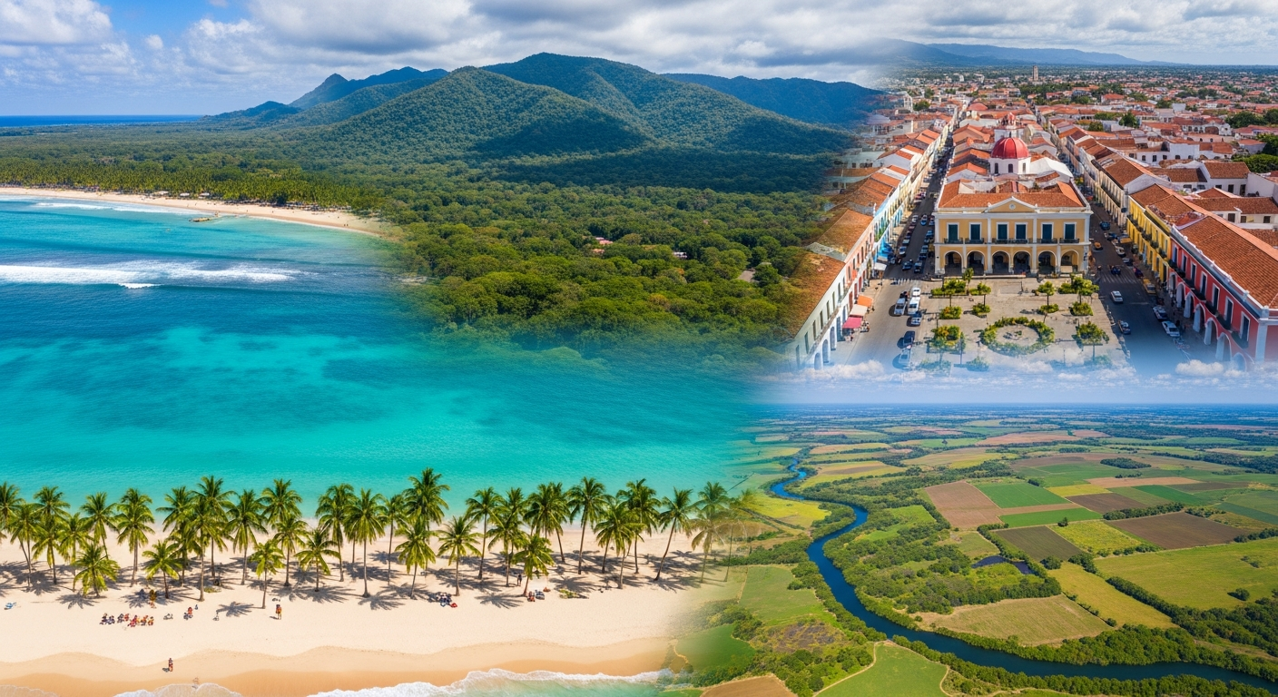 Panoramic view of Dominican Republic coastline showing turquoise waters and white sand beaches