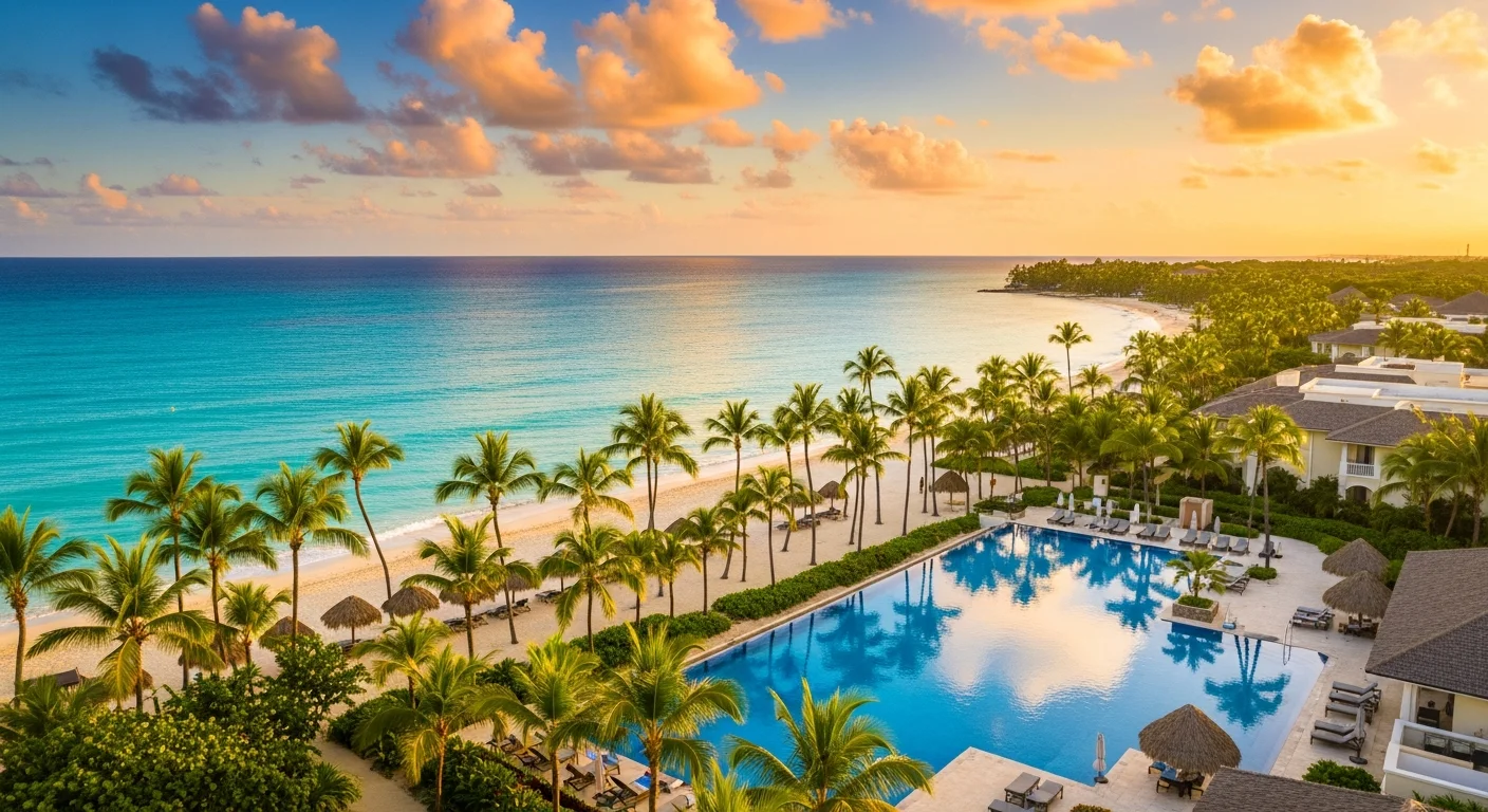 Luxury Dominican Republic beach resort at sunset with turquoise ocean, palm trees and infinity pool