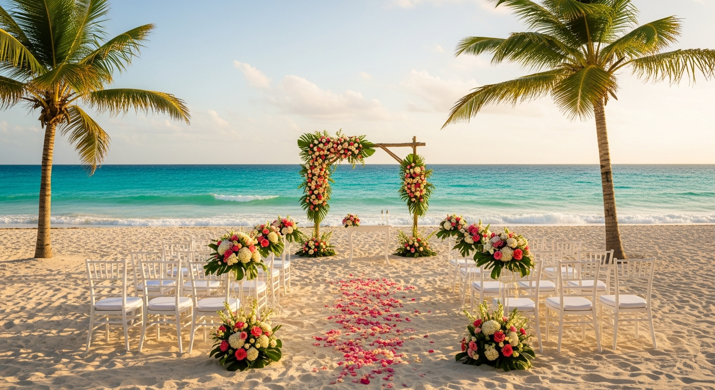 Destination wedding Dominican Republic beachfront ceremony sunset